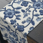 Elegant Chinoiserie Blue & White Table Runner: Traditional Pottery-Inspired Dining Decor