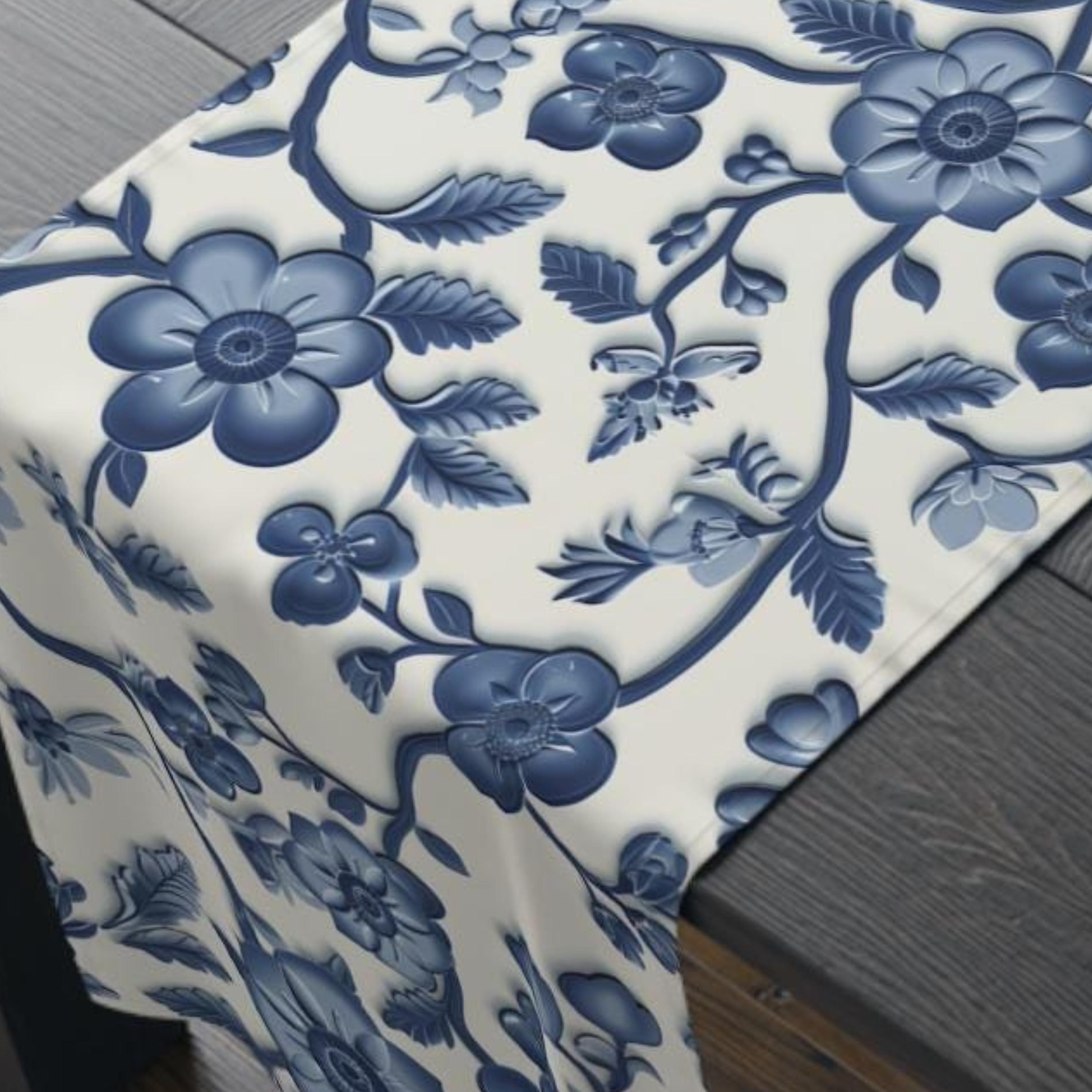 Elegant Chinoiserie Blue & White Table Runner: Traditional Pottery-Inspired Dining Decor