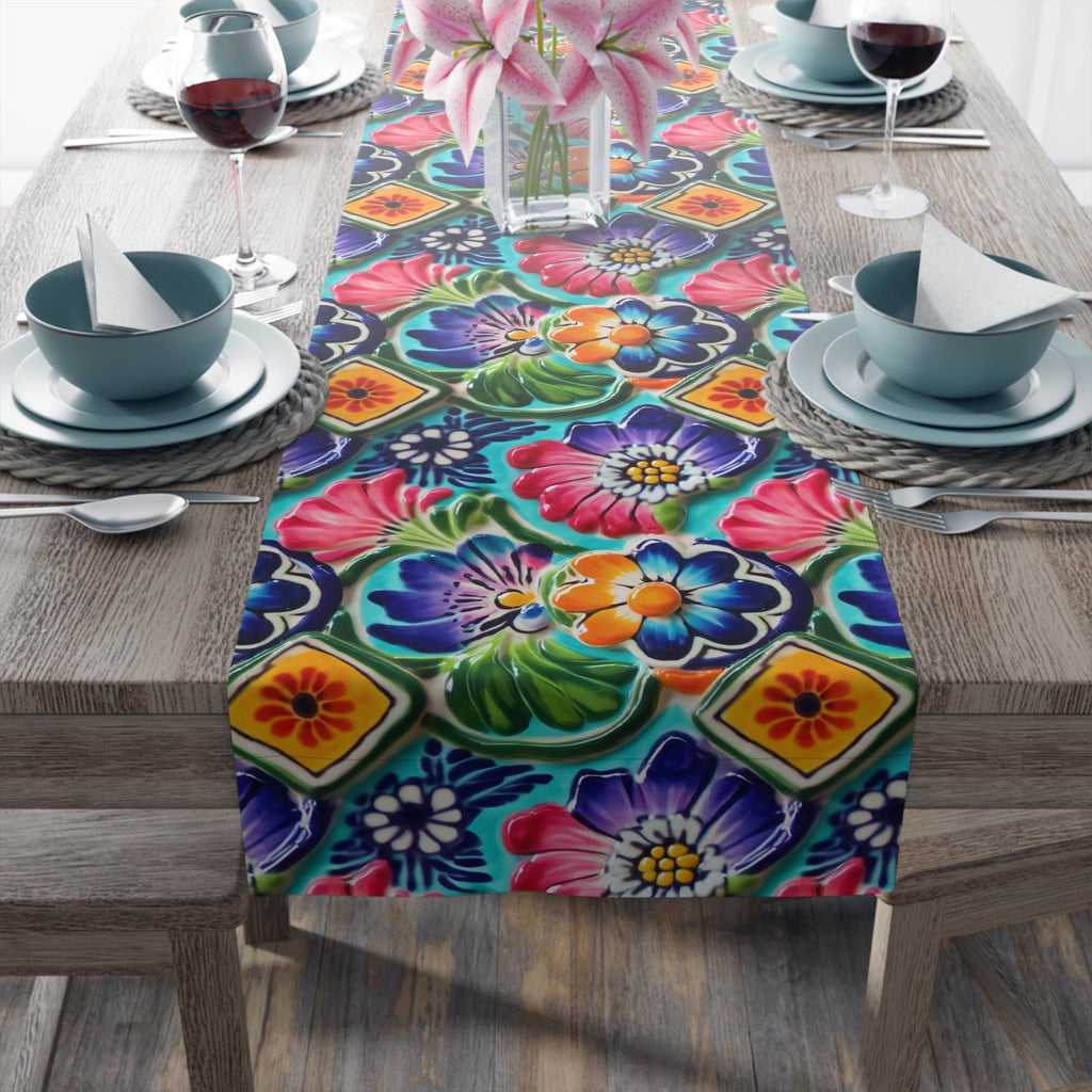 Mexican Table Runner: Botanical Folk Art on Aqua Background