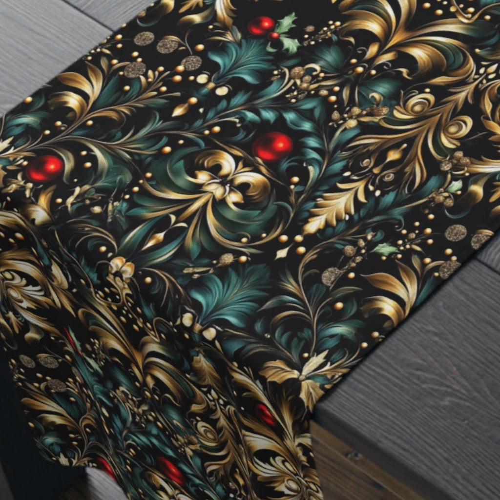 Art Nouveau Christmas Table Runner: Ornate Gold Botanical Holiday Dining Decor