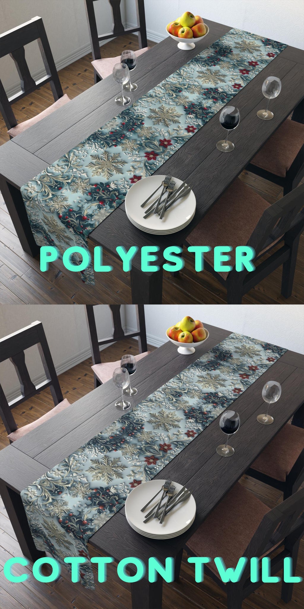 Elegant Blue Chinoiserie Christmas Table Runner: Snowflake & Holly Design for Holiday Dining Decor