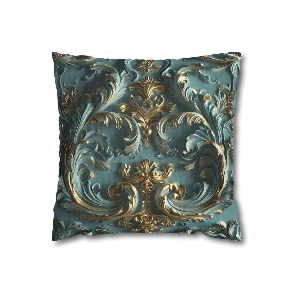 Luxurious Rococo Square Throw Pillow Cover: Teal and Soft Gold Cushion Case