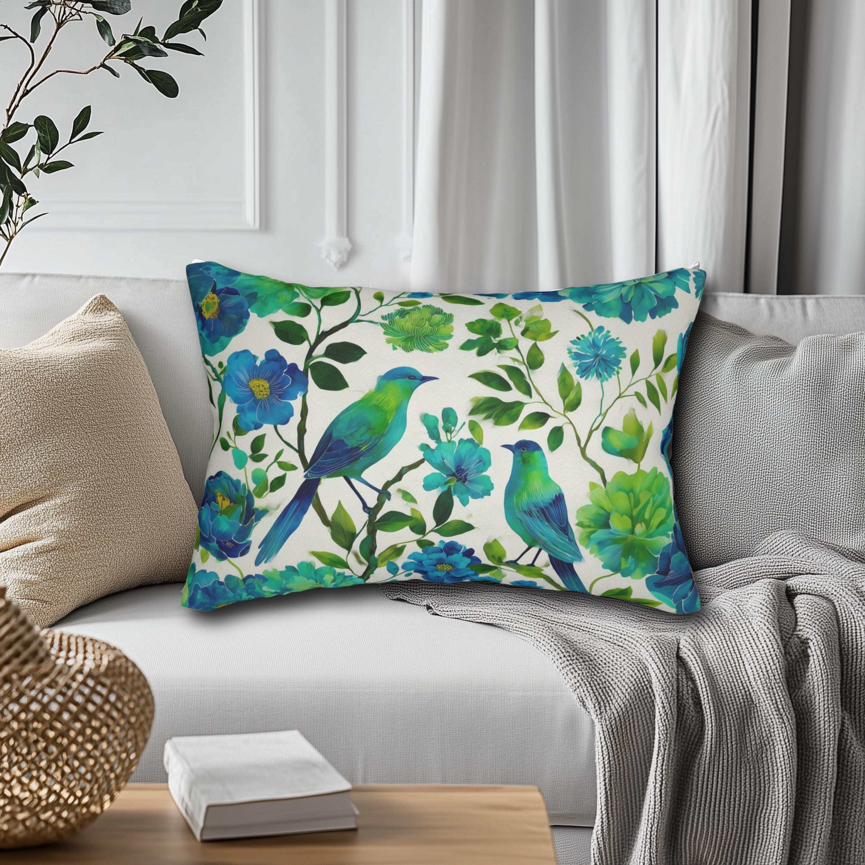 Chinoiserie Bird Lumbar Pillow: Teal & Green Watercolor Floral Cushion for Cottage or Traditional Decor
