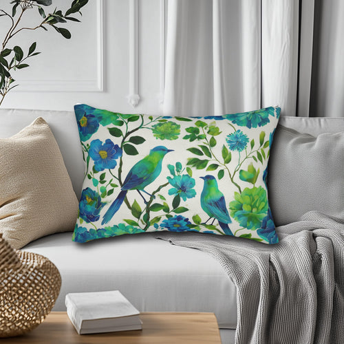 Chinoiserie Bird Lumbar Pillow: Teal & Green Watercolor Floral Cushion for Cottage or Traditional Decor
