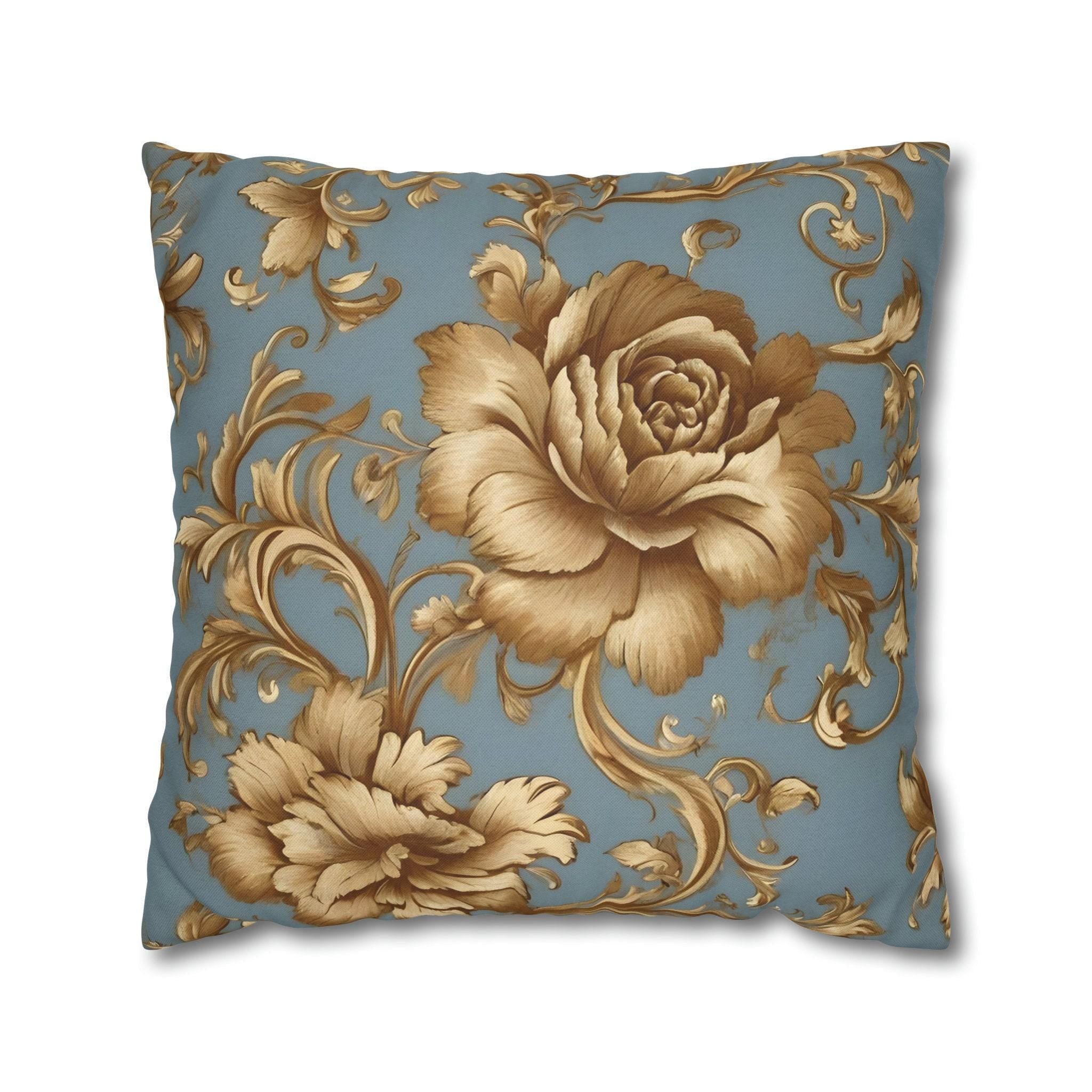 Floral Pillow Cover: Golden Roses on Blue - Soft Durable Fabric
