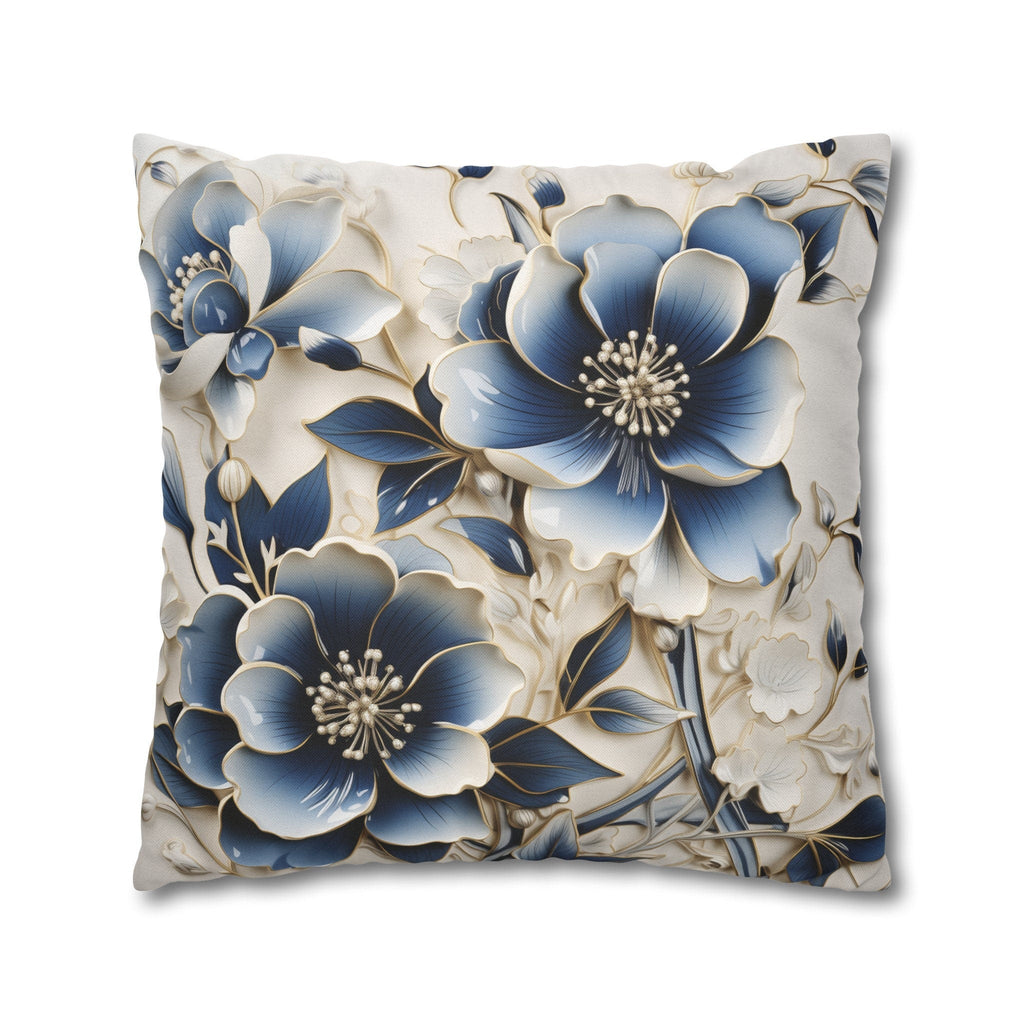 Elegant Chinoiserie Floral Pillow Cover: Blue & Off-White Eastern Motif Cushion for Home Decor