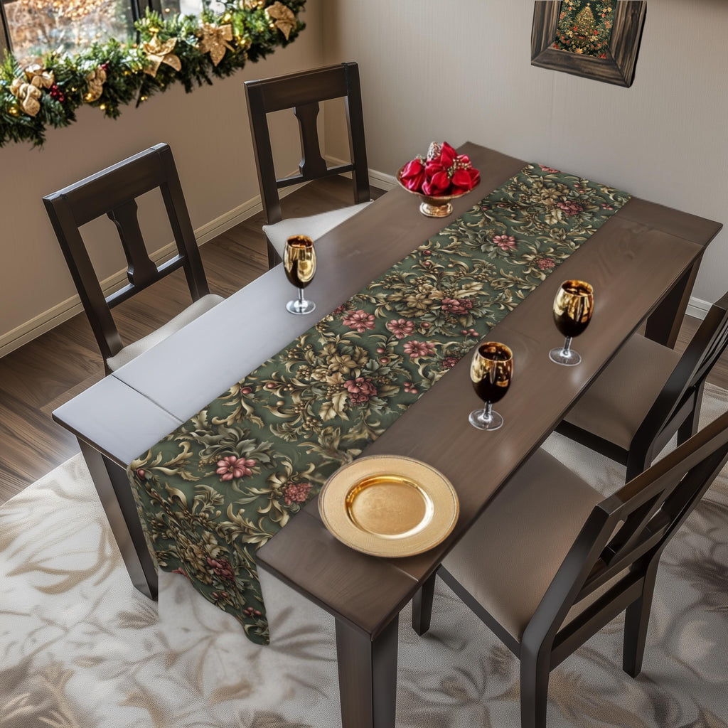 William Morris Inspired Holly & Poinsettia Christmas Table Runner: Deep Sage, Gold, Cranberry