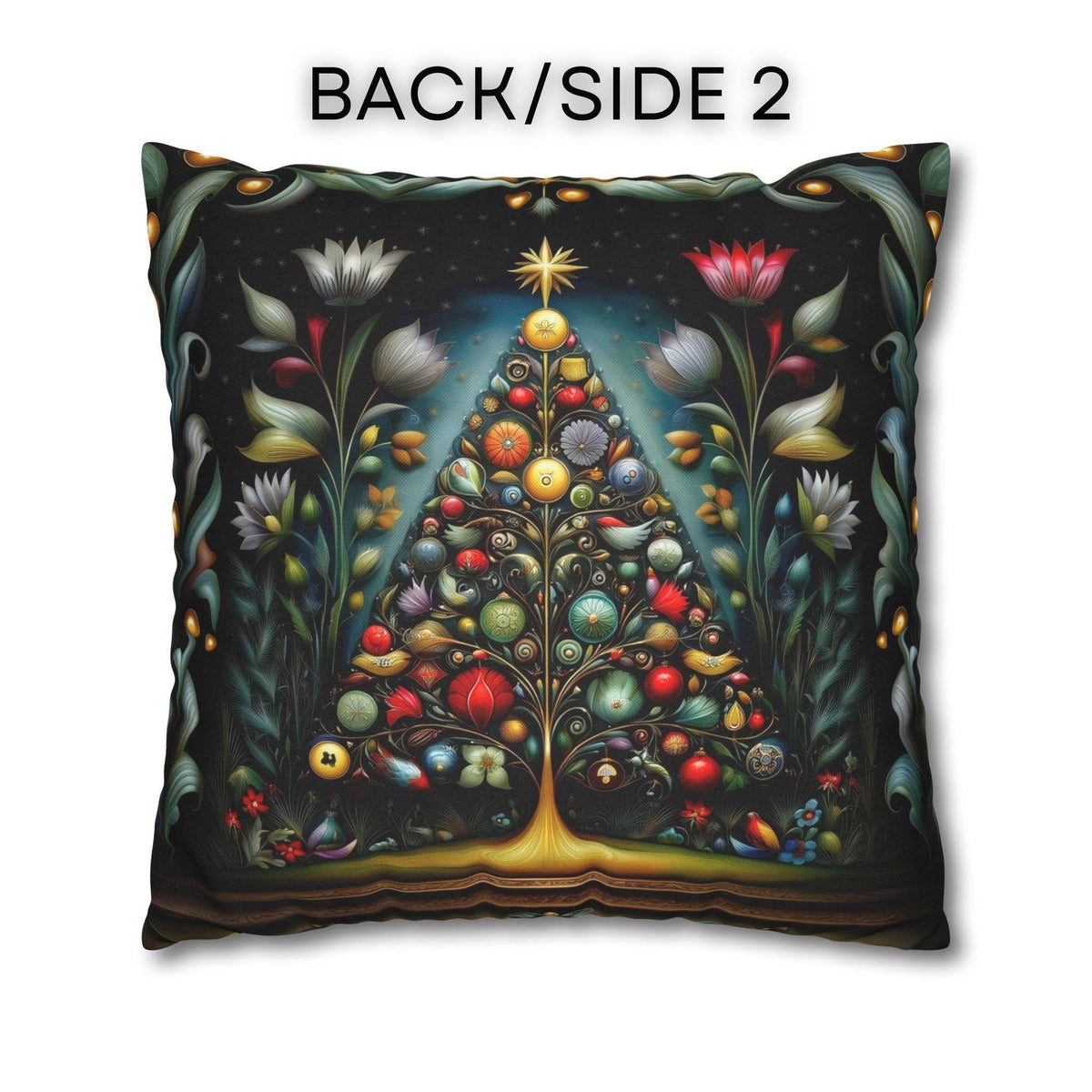 Jewel Tone Christmas Pillow Cover: Decorated Botanical Tree with Bright Ornaments and Florals