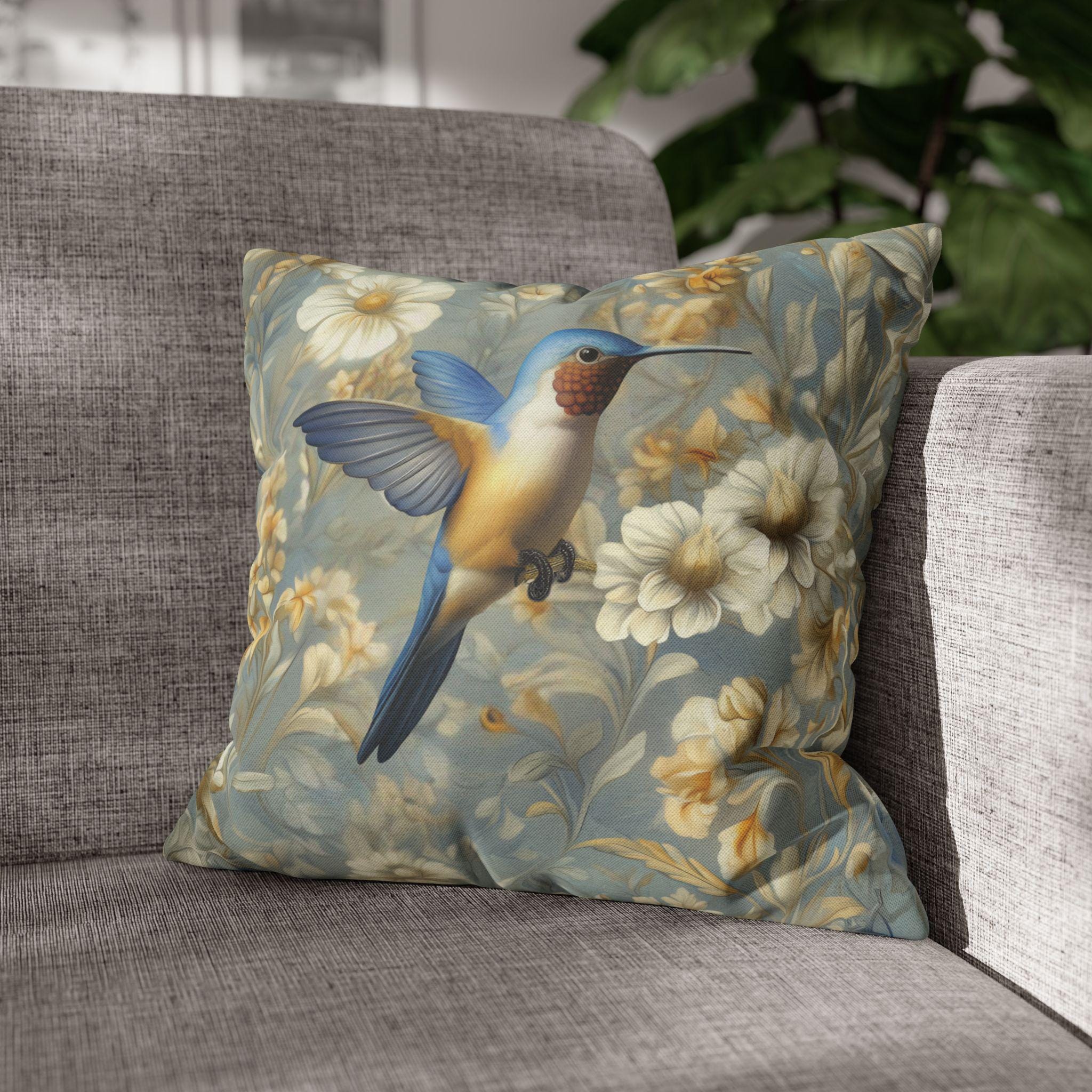 William Morris Hummingbird Pillow Cover: Blue & Gold Arts and Crafts Botanical Cushion Case