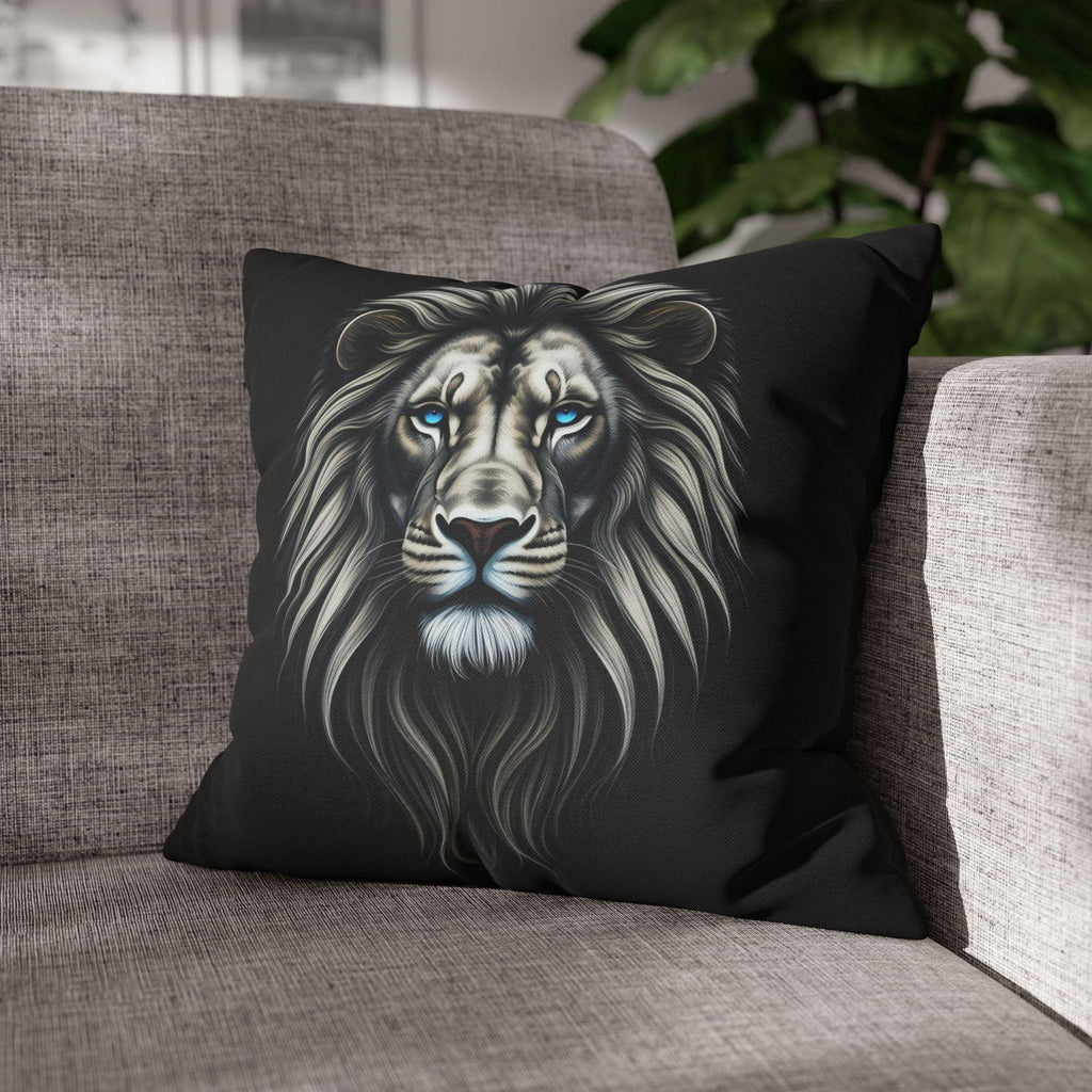 Midnight Mane Lion Pillow Cover: Ice-Blue Gaze Edition