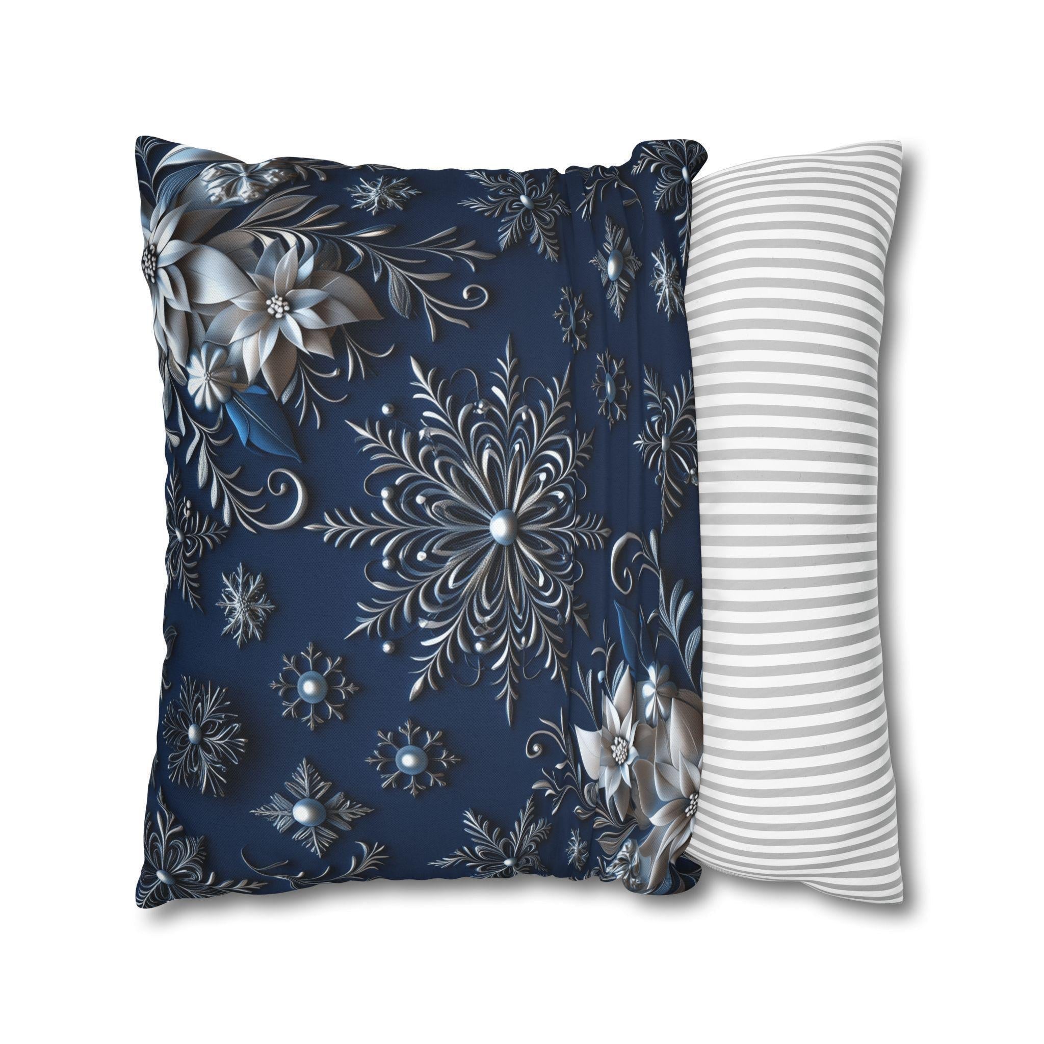 Winter Blue Silver Poinsettia Snowflake Pillowcase, Holiday Decor Square Throw Pillow Cover