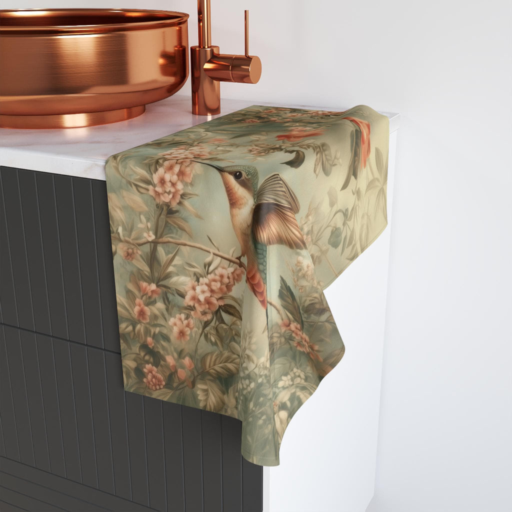 William Morris Botanical Hand Towel: Sage Blush Teal Hummingbird Arts & Crafts Design