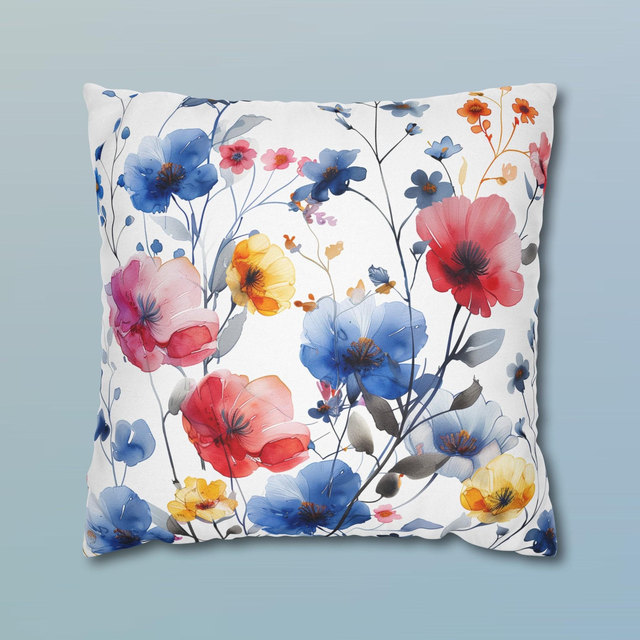 Vibrant Wildflower Watercolor Throw Pillow Cover: Boho Floral Cushion Case for Summer Home Decor