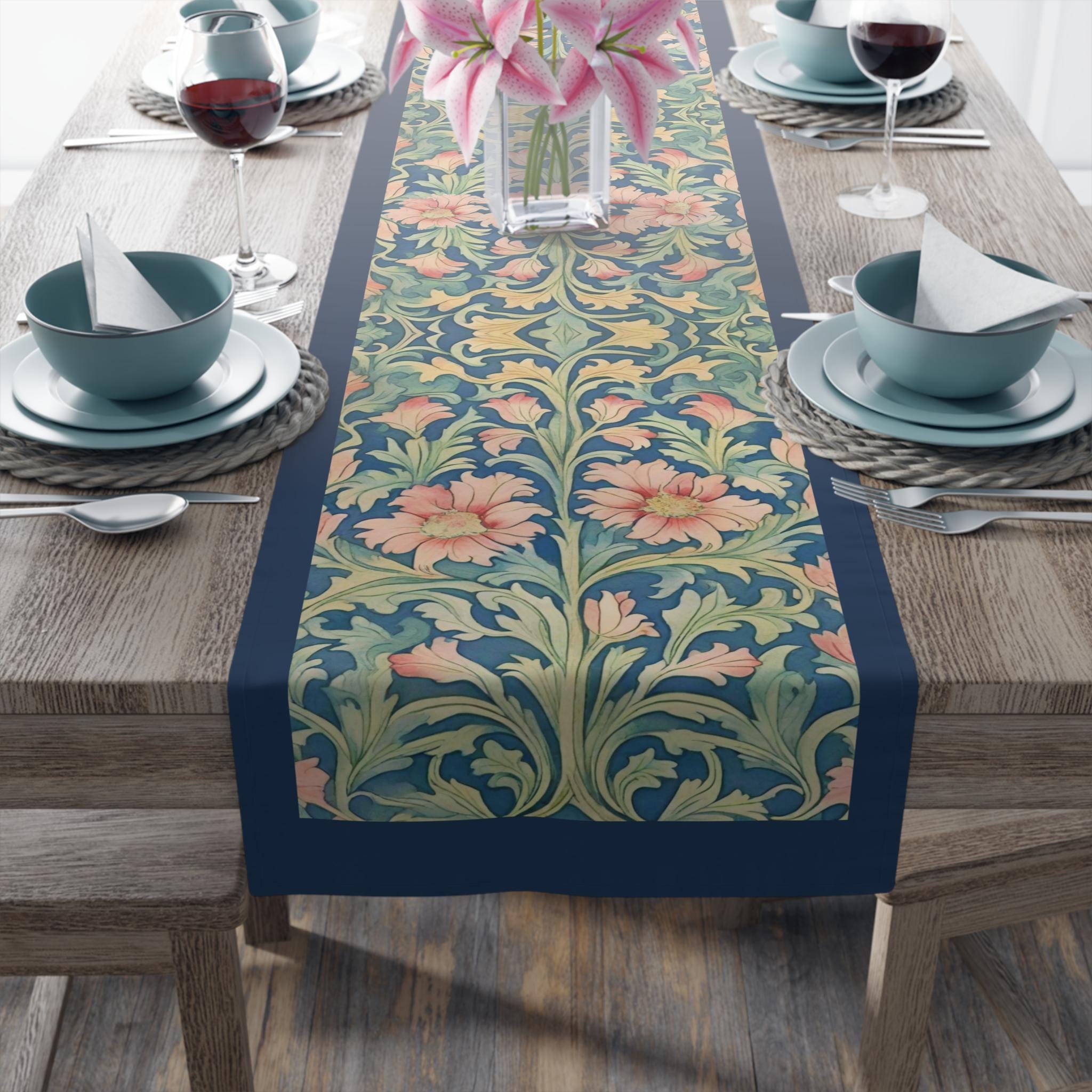 William Morris Pimpernel-Inspired Table Runner: Modern Blue & Coral Pink Botanical