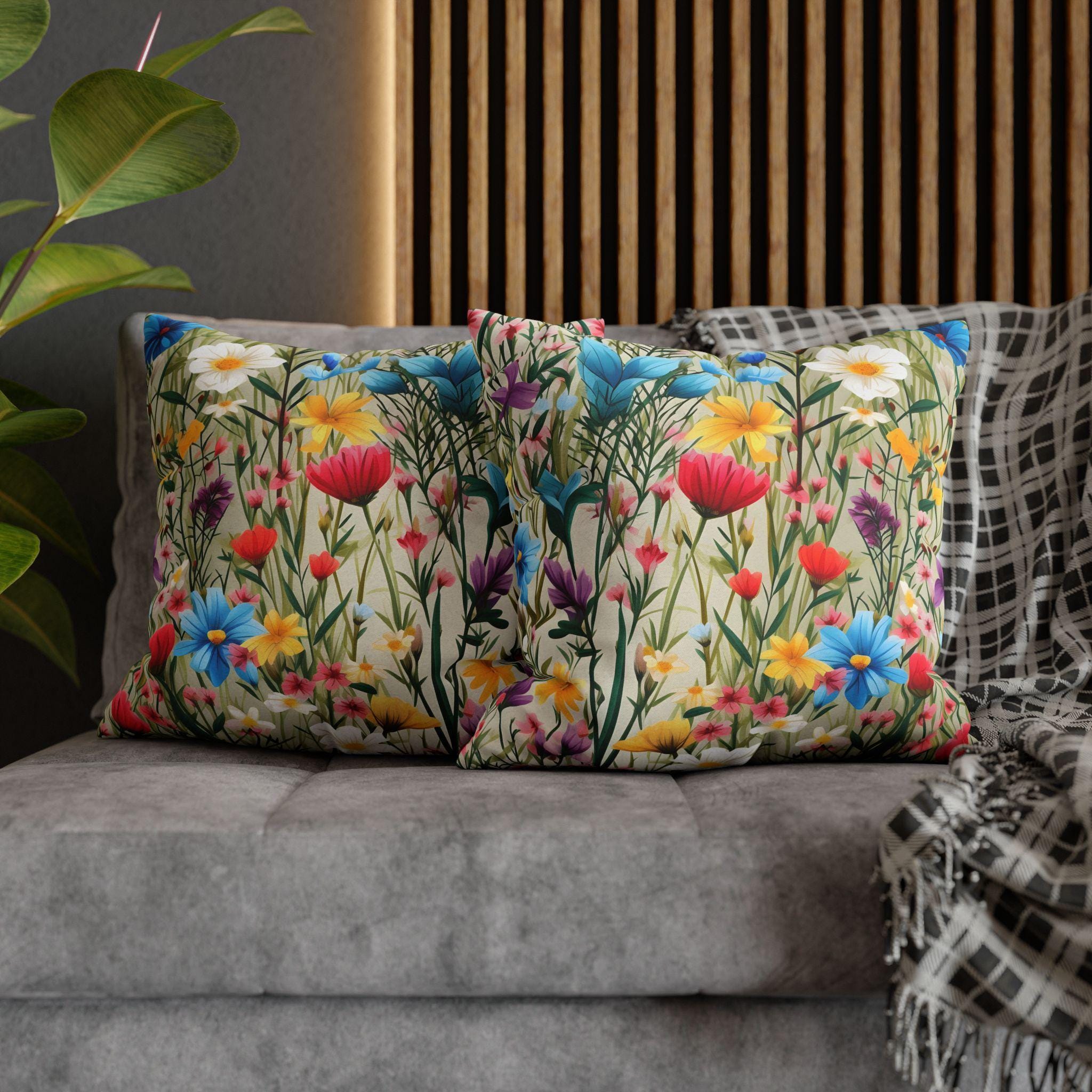 Wildflower Meadow Throw Pillow: Cottagecore Floral Cushion, Soft Spun Polyester