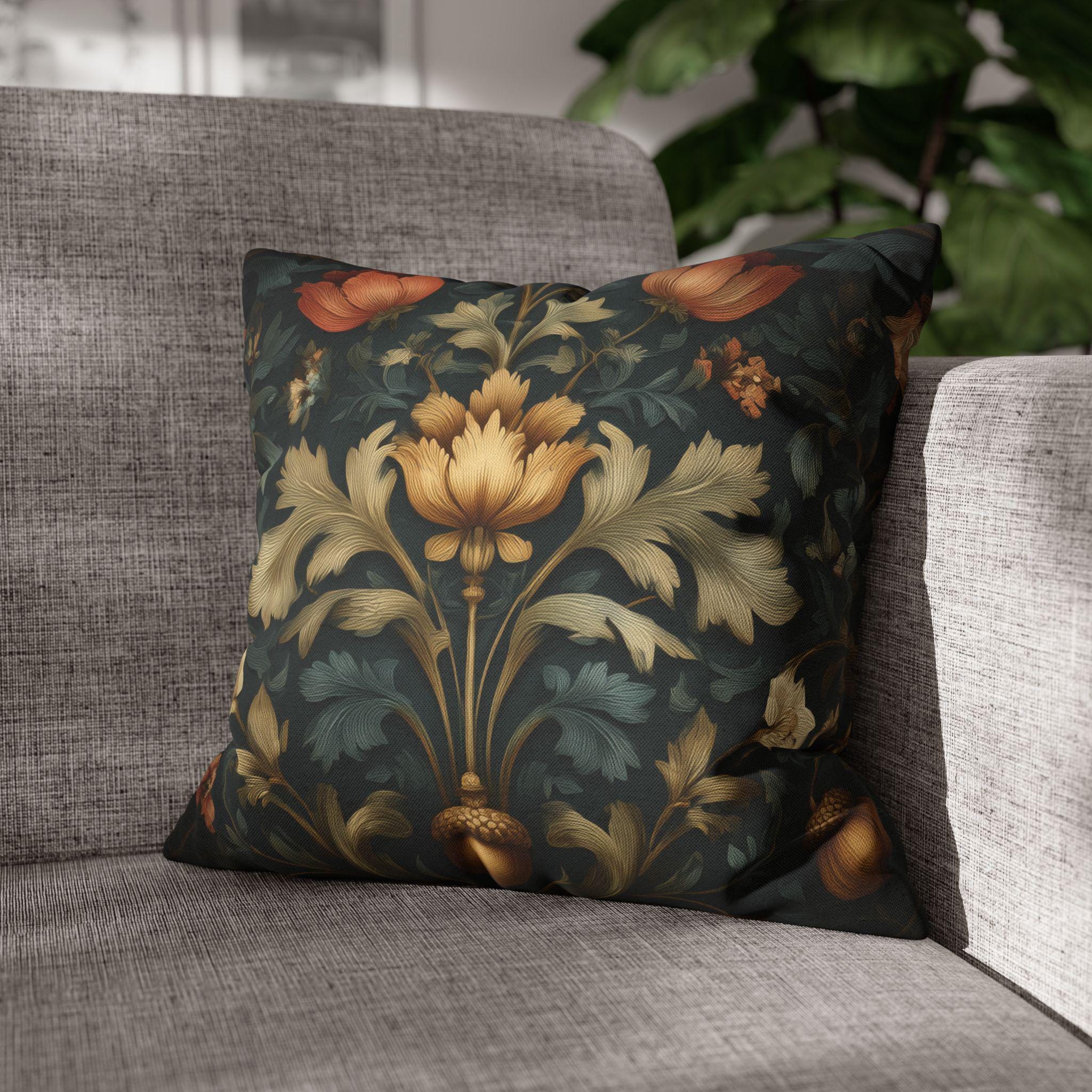 William Morris Inspired Fall Pillow Cover: Dark Teal Gold Rust Floral