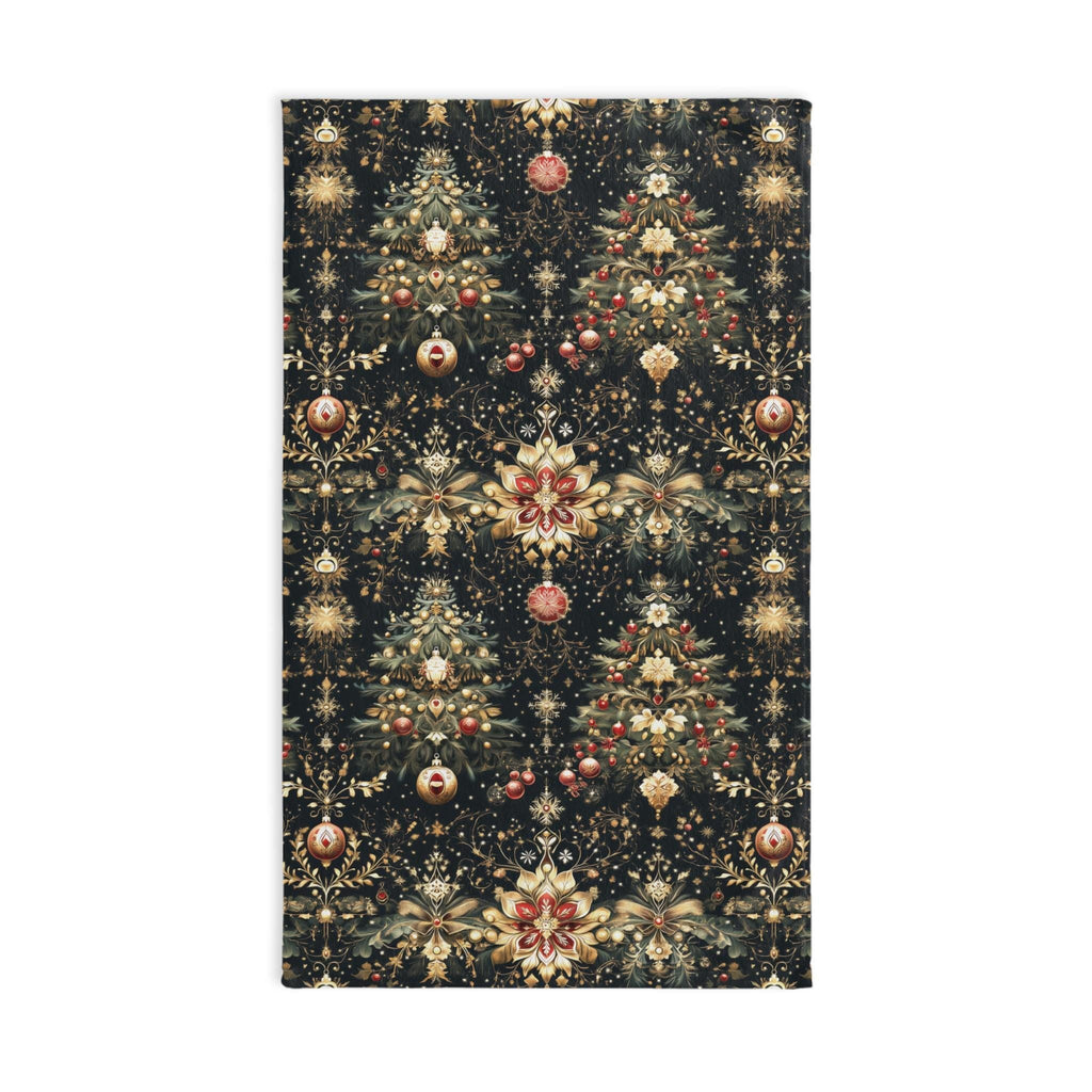 Christmas Tree Hand Towel: Luxe Gold Red & Green on Deep Charcoal Holiday Bath Decor