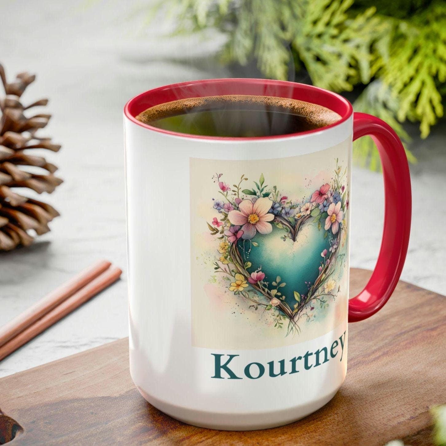 Personalized Floral Heart Mug: Watercolor Valentine's Gift, Custom Name