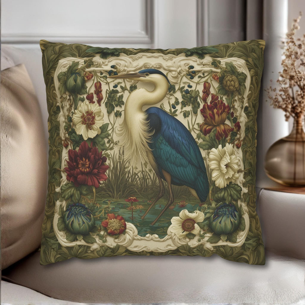 William Morris Style Heron Pillow Cover: Botanical Marsh Floral Art