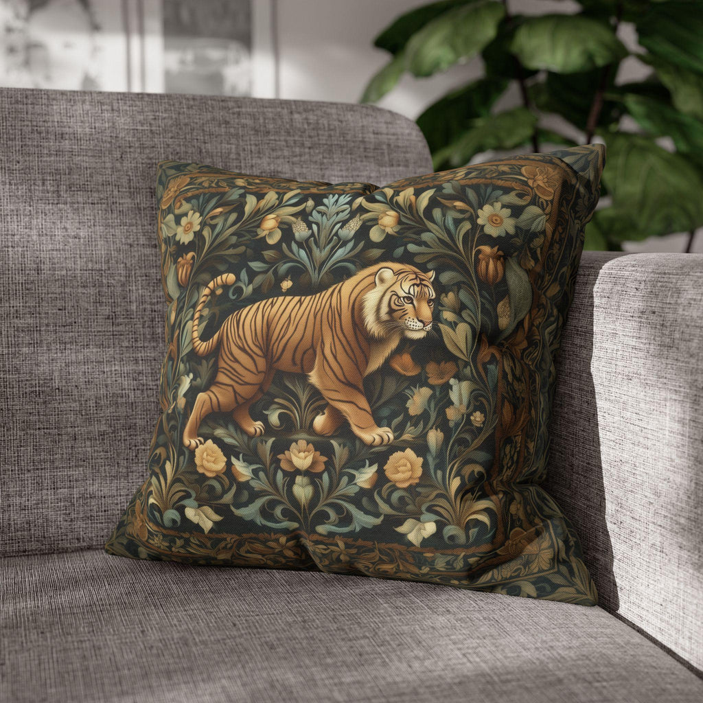 William Morris Inspired Tiger in the Garden Pillow Cover: Botanical Tapestry Accent