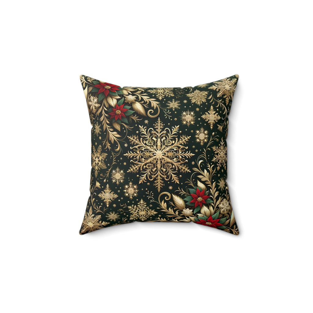 Elegant Poinsettia Christmas Throw Pillow: Golden Snowflakes & Emerald Festive Holiday Home Decor Accent