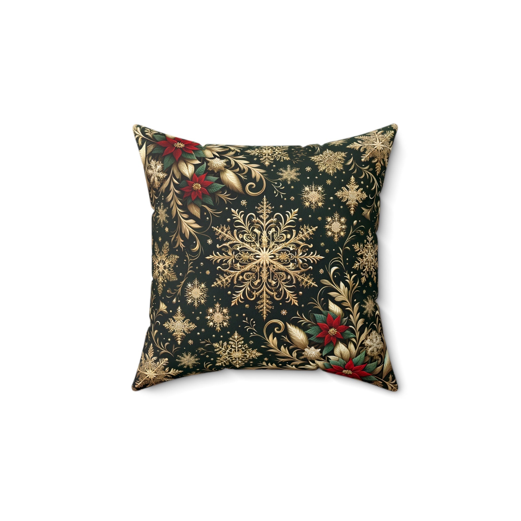 Elegant Poinsettia Christmas Throw Pillow: Golden Snowflakes & Emerald Festive Holiday Home Decor Accent