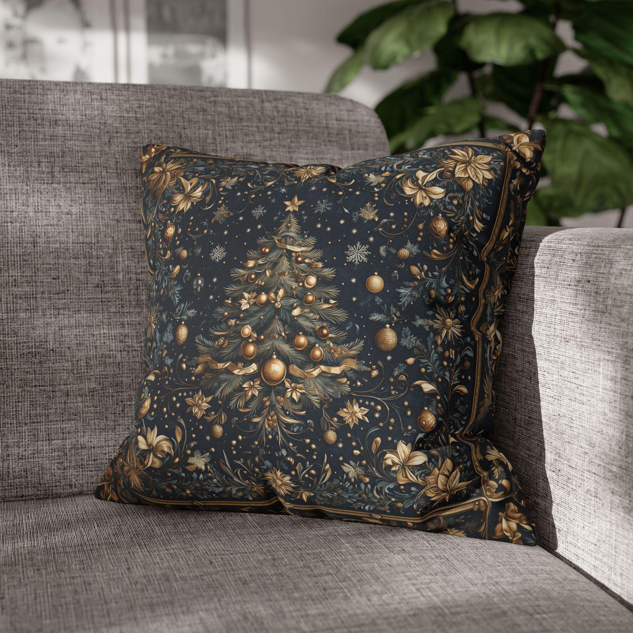William Morris Inspired Christmas Tree Pillow Cover:  Midnight Blue with Vintage Style Florals