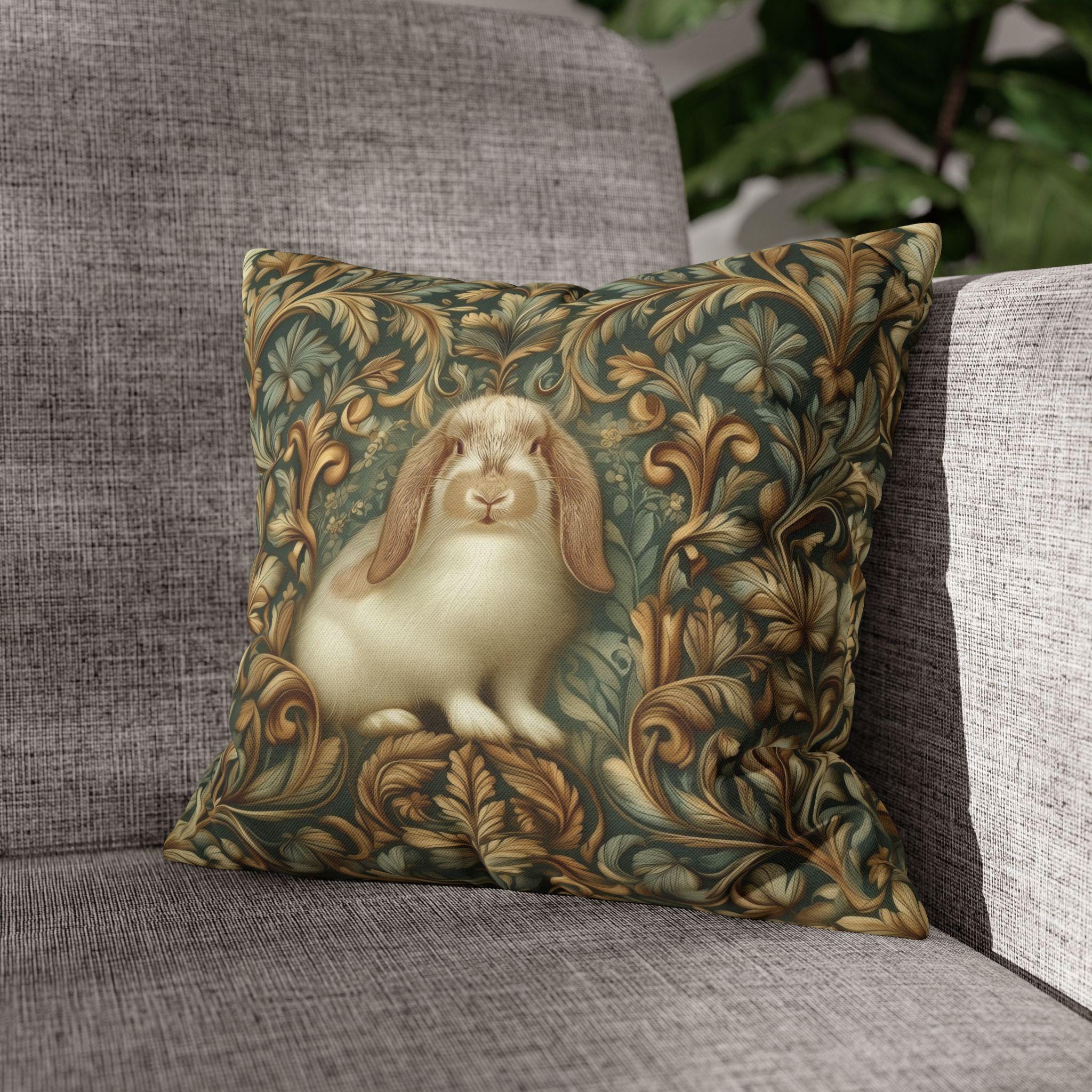 William Morris Woodland Botanical Pillow Cover: American Fuzzy Lop Rabbit