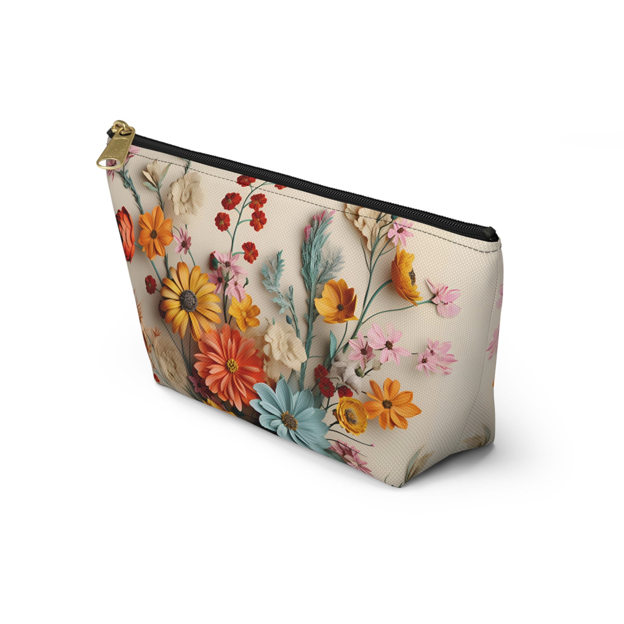 Vintage Wildflower Bouquet Makeup Pouch - Colorful Floral Canvas Accessory Bag in Multiple Sizes