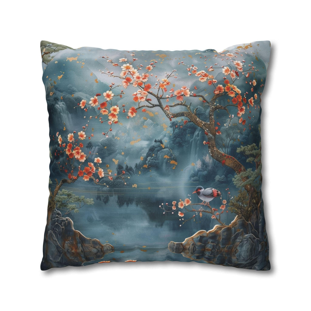 Chinoiserie Watercolor Pillow Cover: Misty Mountain Landscape with Blossoms and Bird Scene