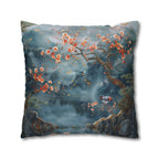 Chinoiserie Watercolor Pillow Cover: Misty Mountain Landscape with Blossoms and Bird Scene