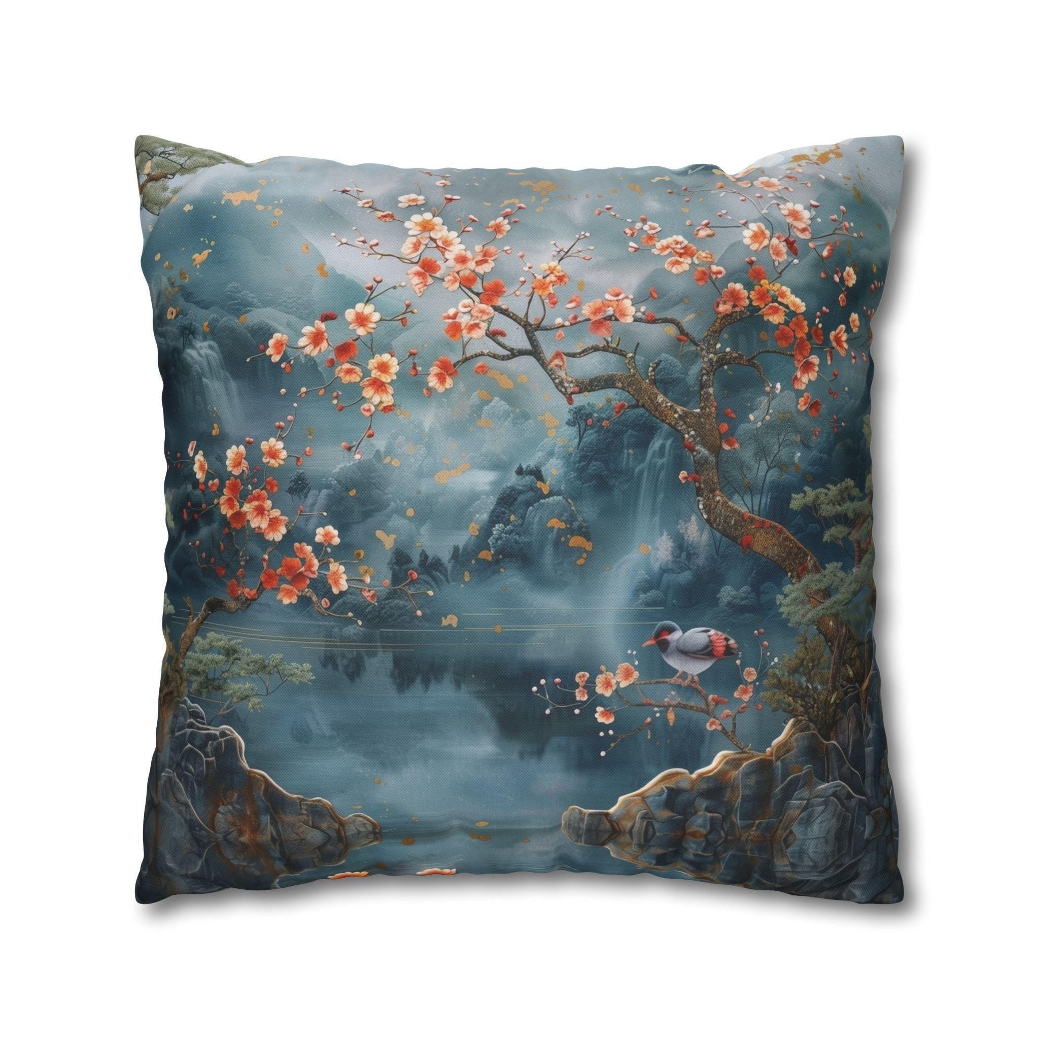Chinoiserie Watercolor Pillow Cover: Misty Mountain Landscape with Blossoms and Bird Scene