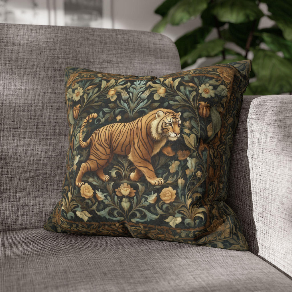 William Morris Inspired Tiger in the Garden Pillow Cover: Botanical Tapestry Accent