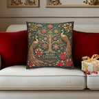 Emerald Green Peacock Christmas Pillow Cover: Gold Poinsettia, Maximalist Holiday