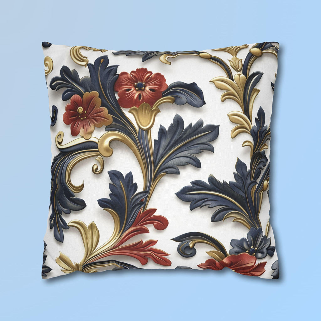Luxurious Baroque-Inspired Floral Pillow Cover: Navy, Gold, Red on White Background