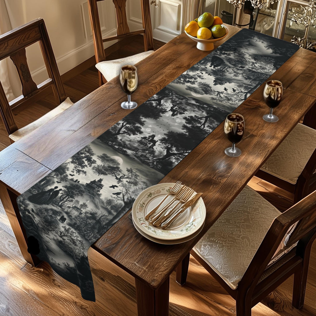 Halloween Toile Table Runner: Haunted House, Crows, and Black Cat in Monochrome