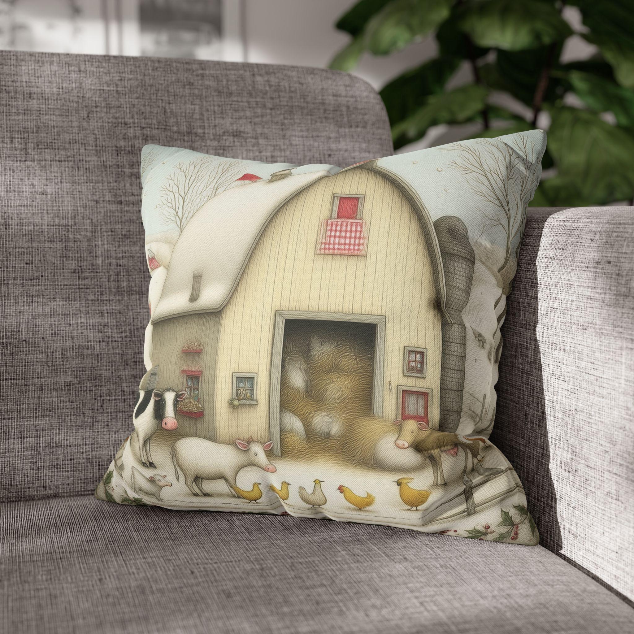 Farmhouse Christmas Barn Pillow Cover: Vintage Style Winter Country Scene