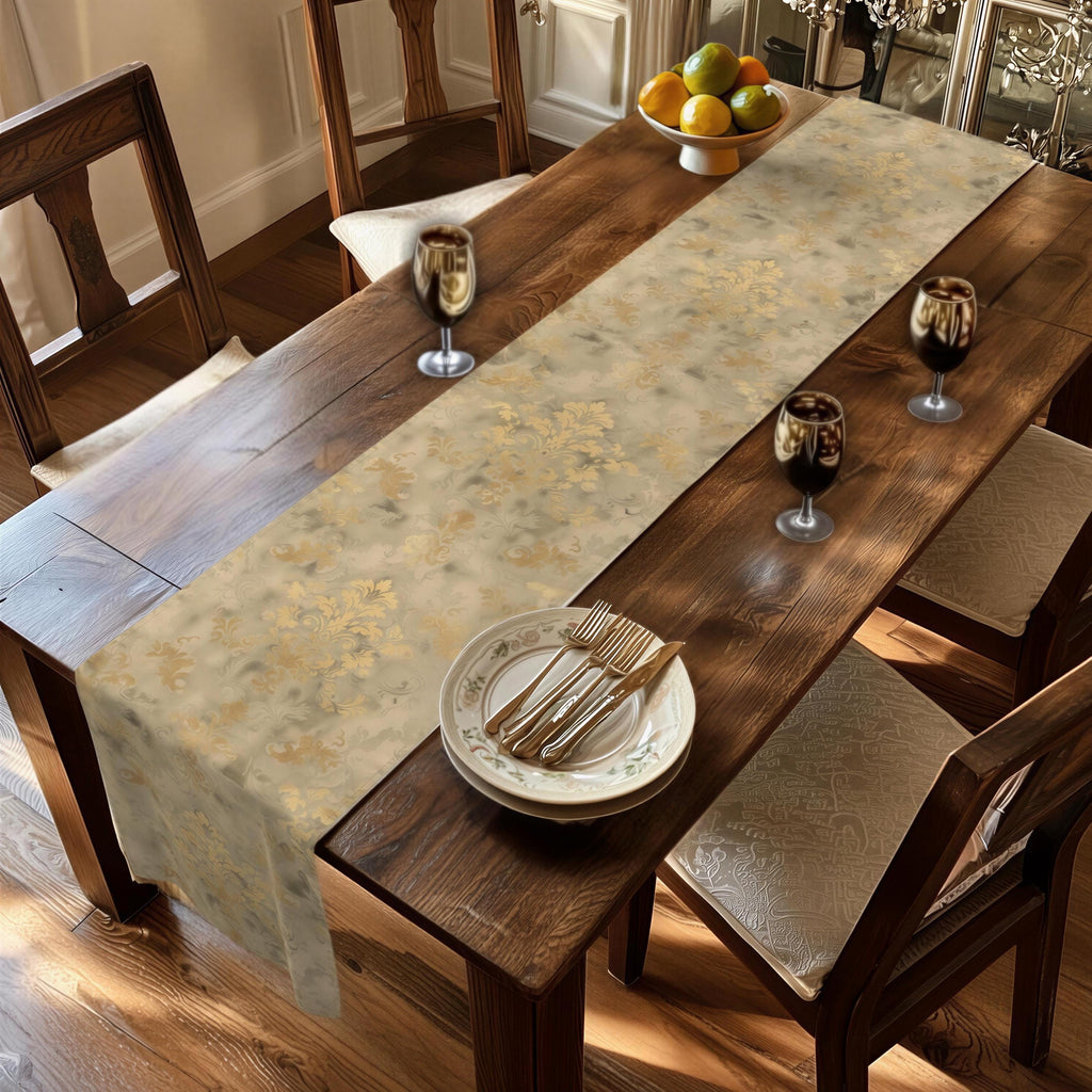 Classic Damask Pattern Table Runner: Soft Antique-Gold and Champagne-Beige