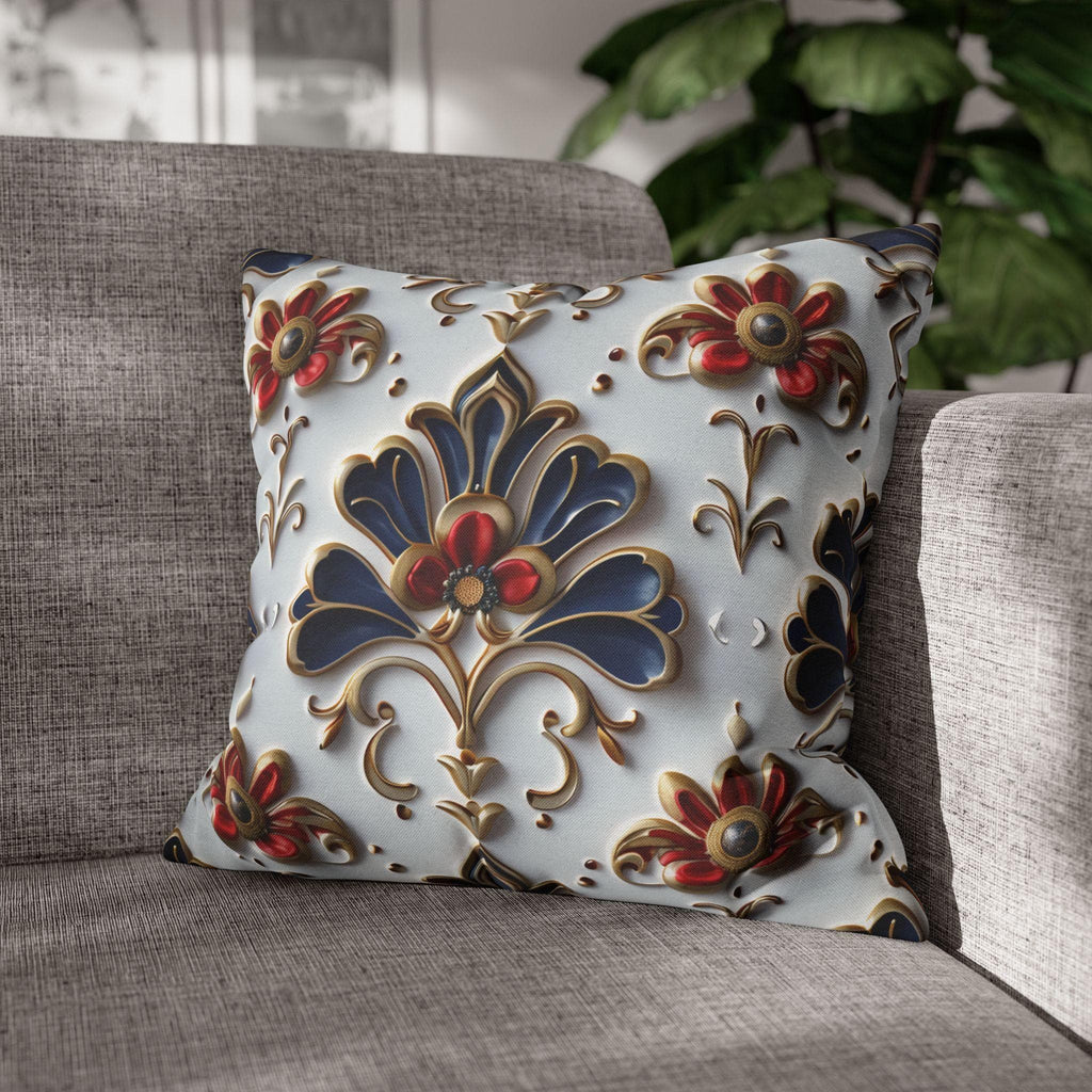 Baroque Floral Pillow Cover: Navy Blue, Gold & Red Accent