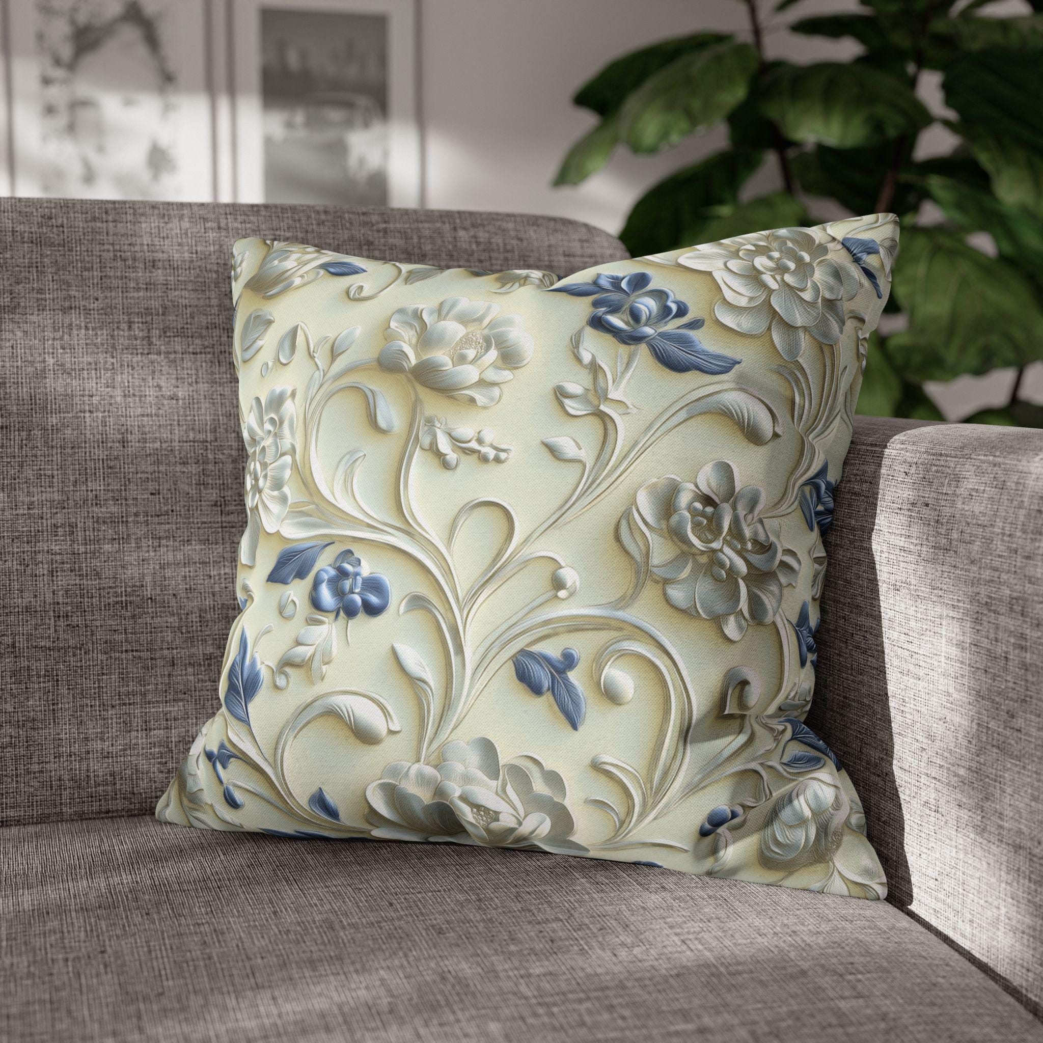 Elegant Chinoiserie Floral Pillowcase: Ivory & Blue Porcelain-Inspired Square Cover for Home Decor