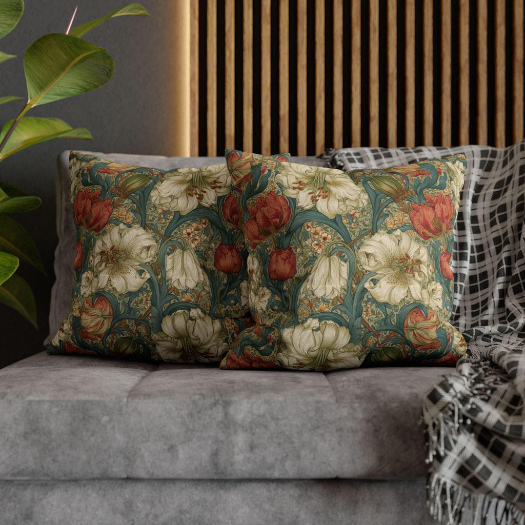 William Morris Style Pillow Cover: Ivory and Coral Lilies on a Celadon Background