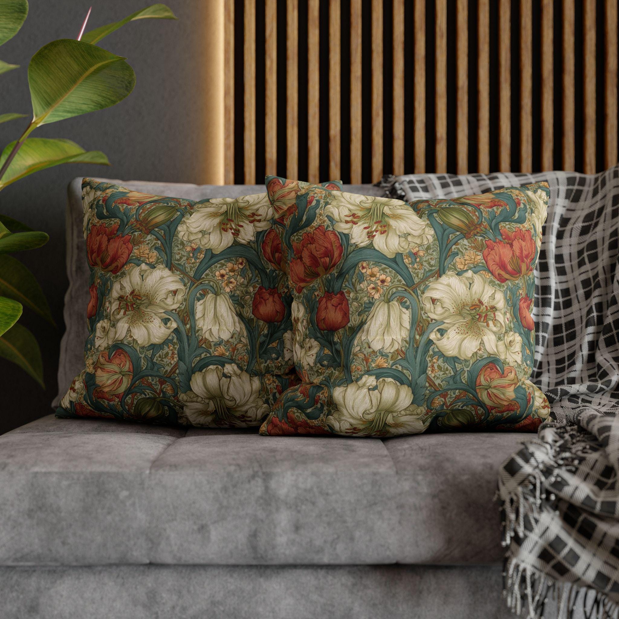 William Morris Style Pillow Cover: Ivory and Coral Lilies on a Celadon Background