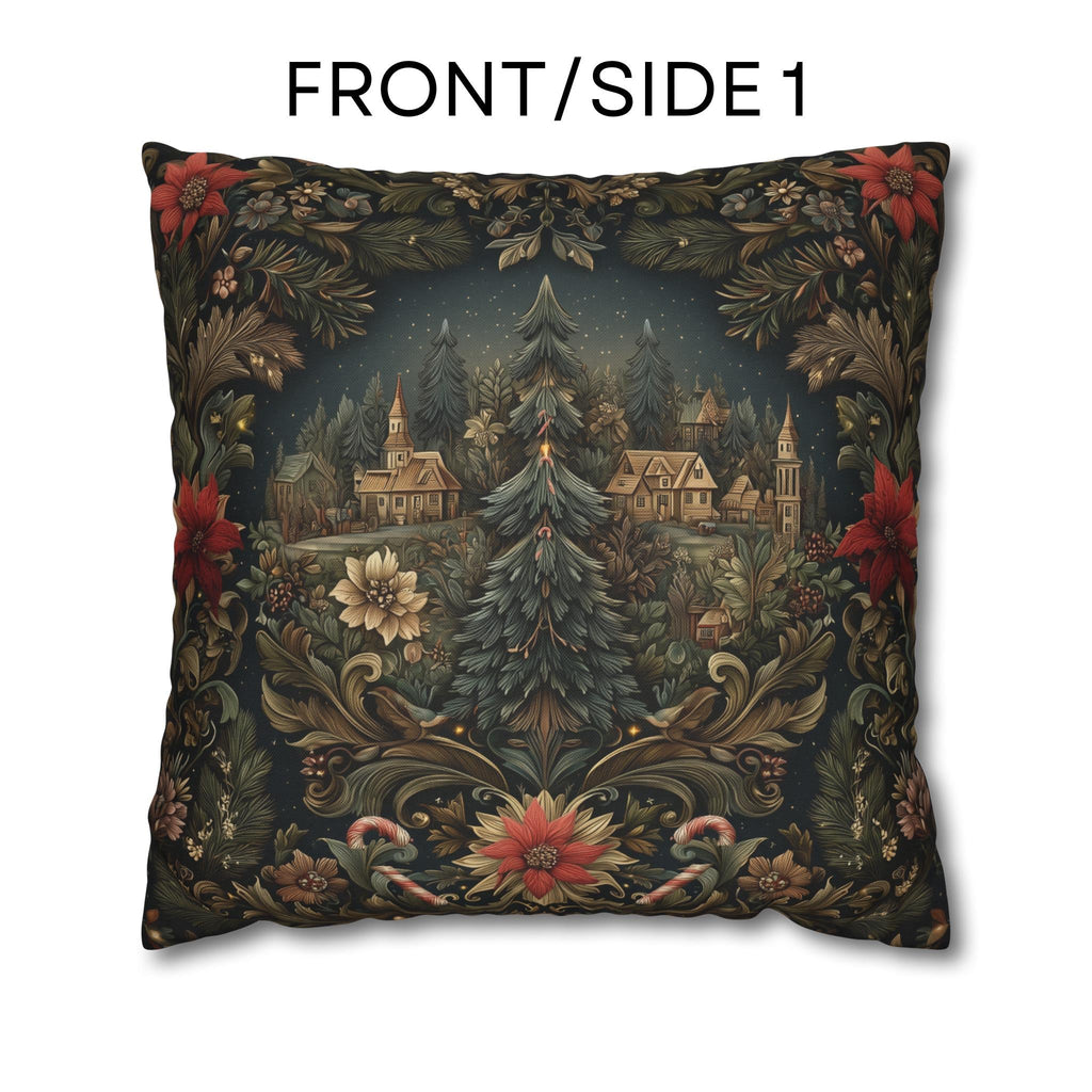 Storybook Village Christmas Pillow Cover: William Morris Style, Pine Green and Crimson Florals