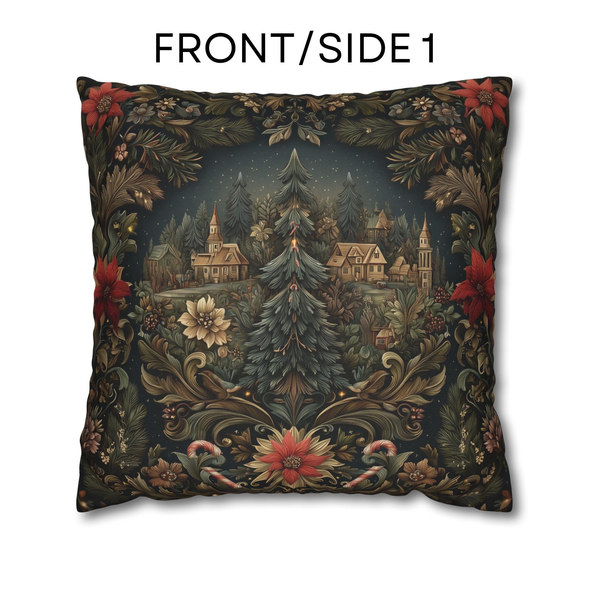 Storybook Village Christmas Pillow Cover: William Morris Style, Pine Green and Crimson Florals