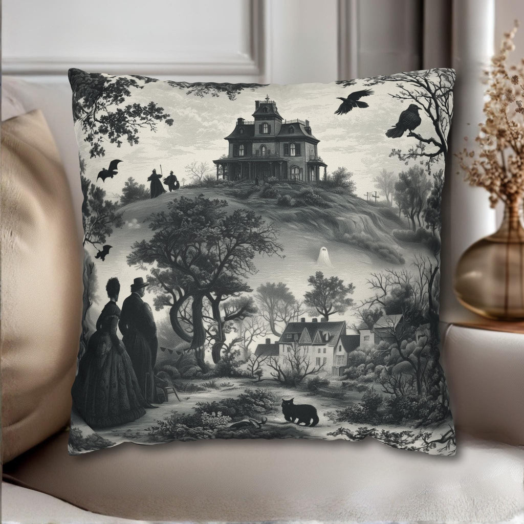 Halloween Toile Pillow Cover: Haunted House, Crows and Black Cat in Monochrome