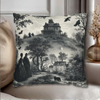 Halloween Toile Pillow Cover: Haunted House, Crows and Black Cat in Monochrome