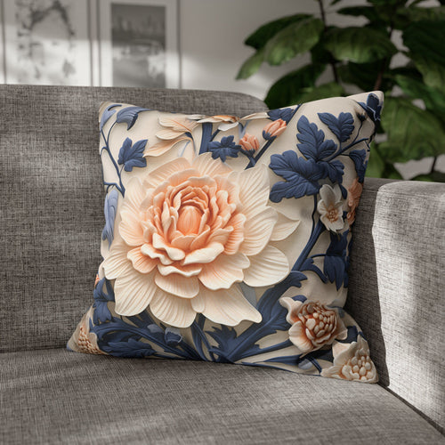 Chinoiserie Floral Pillow Cover: Peach Flower, Dark Blue Botanicals