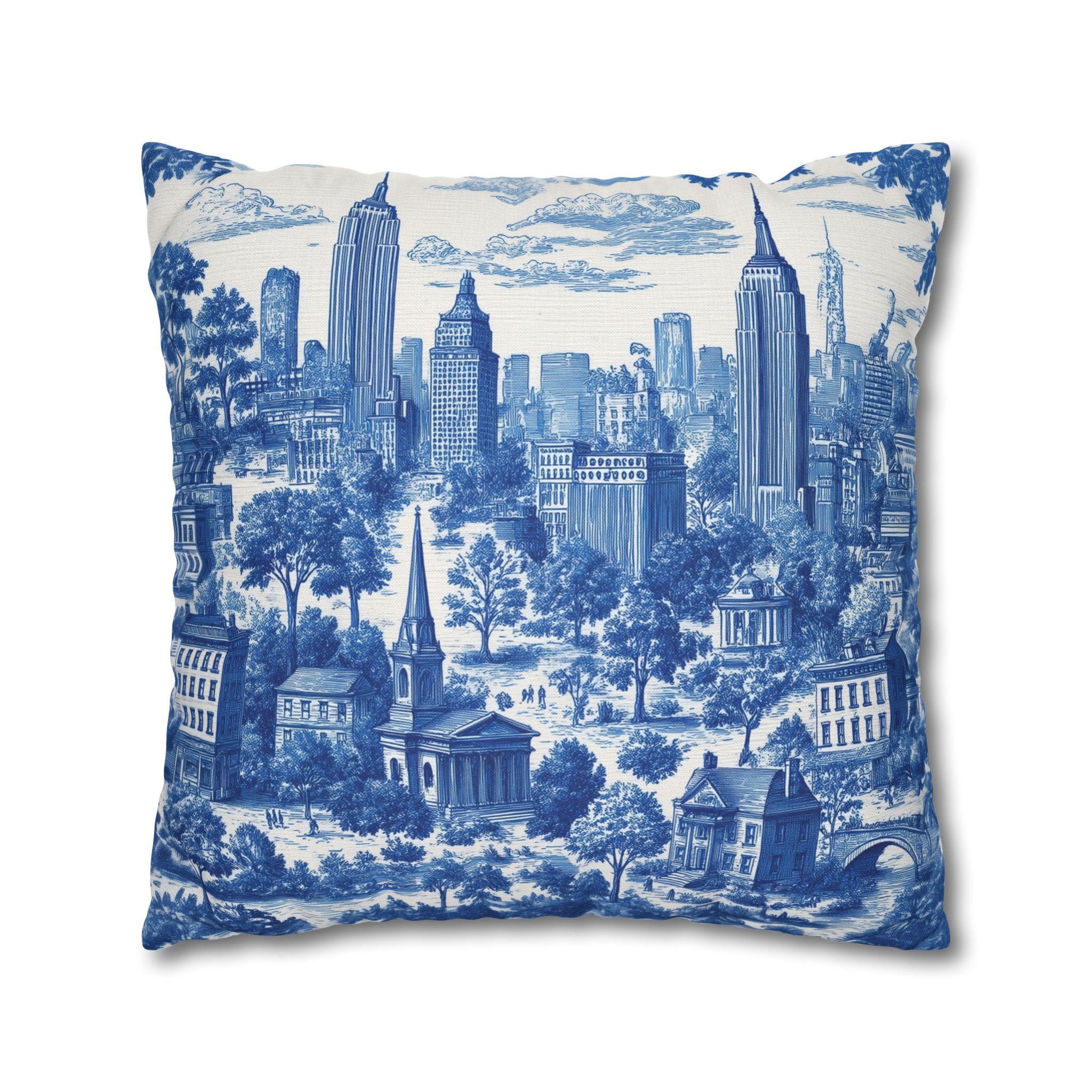NYC Toile Pillow Cover: Blue & White French Country Urban Design