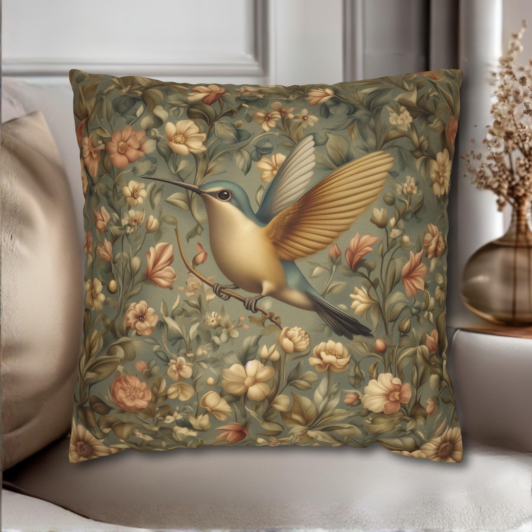 William Morris Decorative Throw Pillow Cover: Vintage Style Botanical Hummingbird