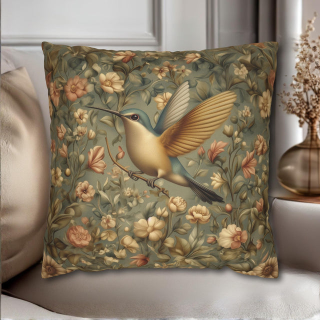 William Morris Decorative Throw Pillow Cover: Vintage Style Botanical Hummingbird